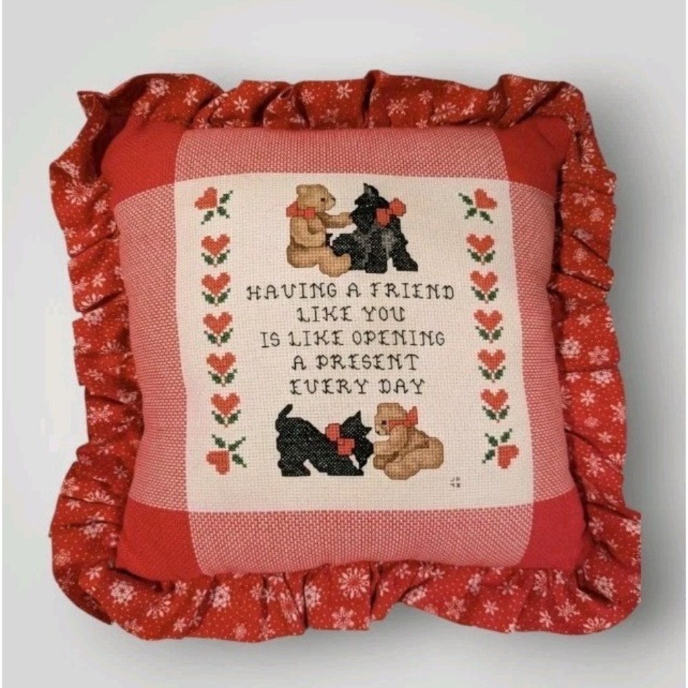 Handmade Pillow Scottie Dog Cross Stitch Accent Throw Bear Friend Vtg GrannyCore